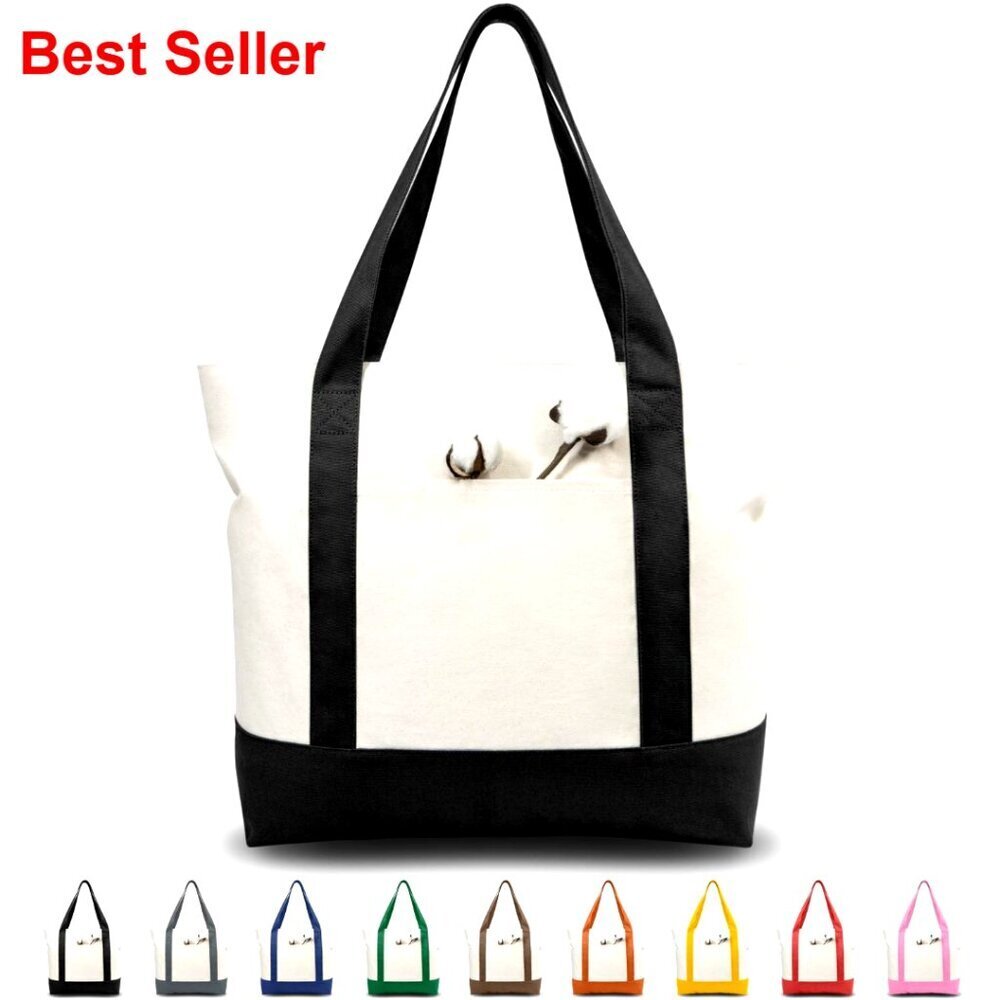 Large Canvas Tote Bag with Zipper Closure and External Pocket